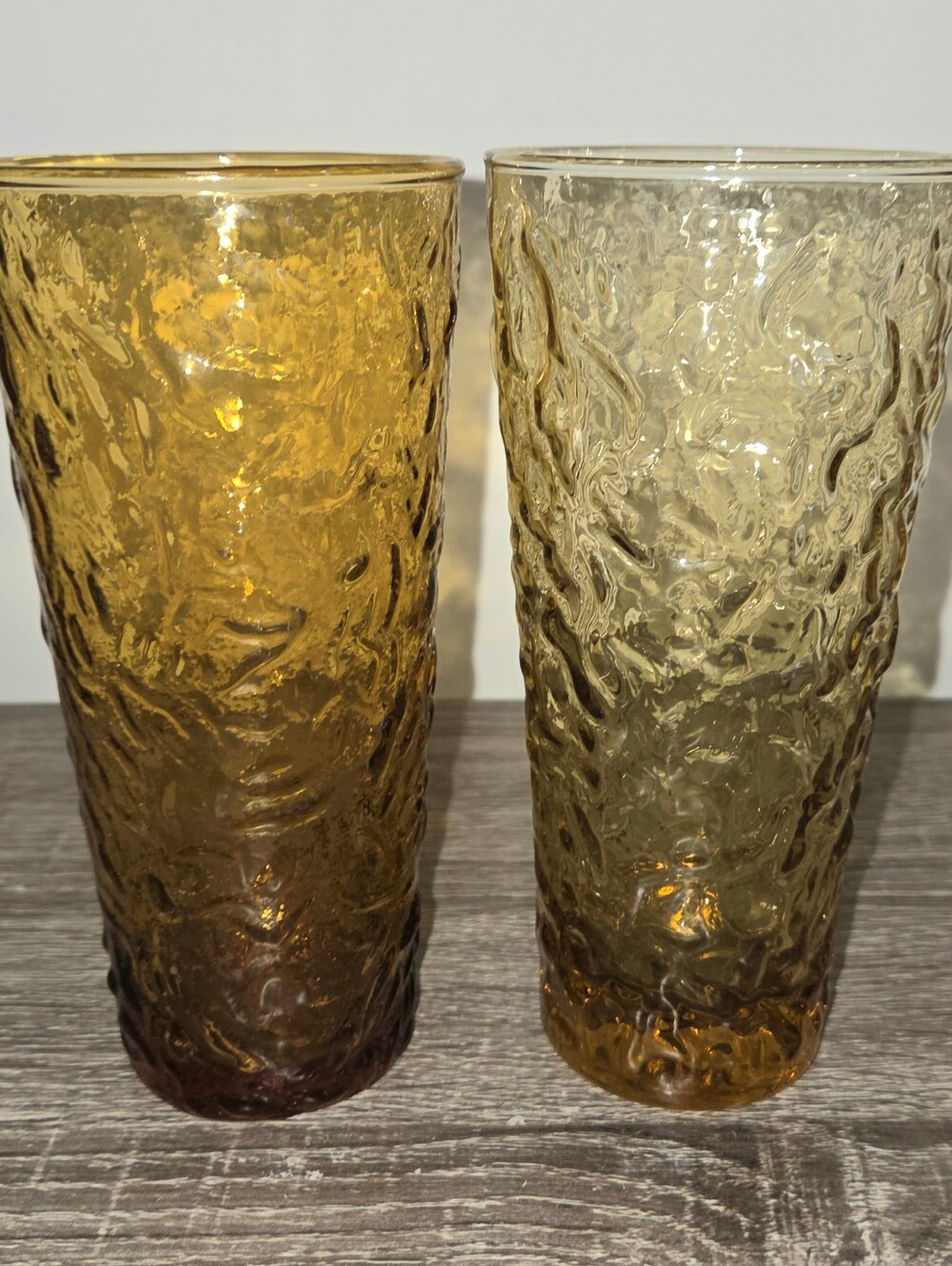 Vintage Set of 2 Anchor Hocking Amber Lido Milano Crinkle Tumbler Glasses 12oz.
